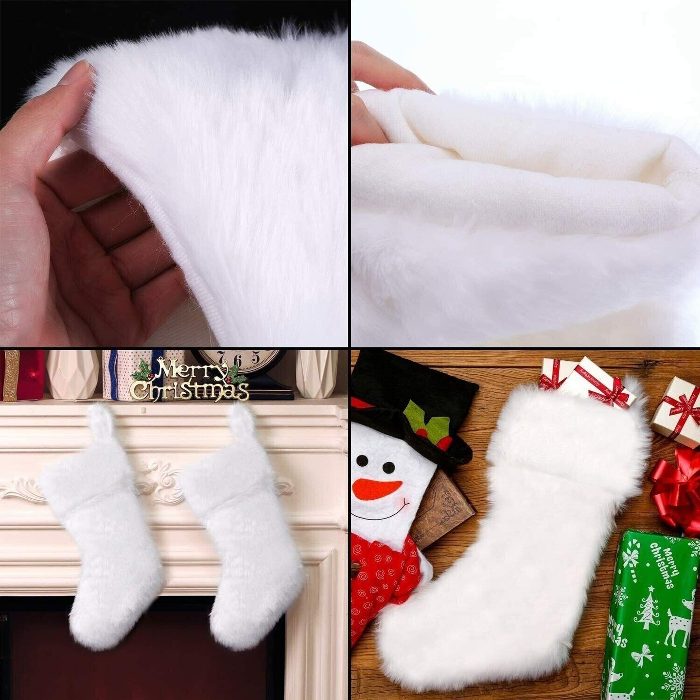 Large Set of 2 White Faux Fur Christmas Stockings 20&#x22;