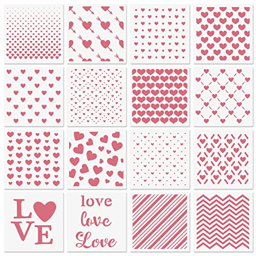 6x6in Hearts Love Cookie Stencils for Royal Icing, Valentine Stencils for Sugar Cookie, 16 Pcs Reusable Plastic Biscuit Stencils with Assorted Sizes Heart Shapes Love Letters for Fondant Candy Baking