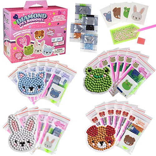 24 Pieces Valentines Day Cards for Kids Classroom -Pet Buddies Diamond Painting Kits -Perfect Valentines Day Gifts for Kids School Exchange w Boys & Girls-Each Includes Animal Gem Craft Activity & Sticker