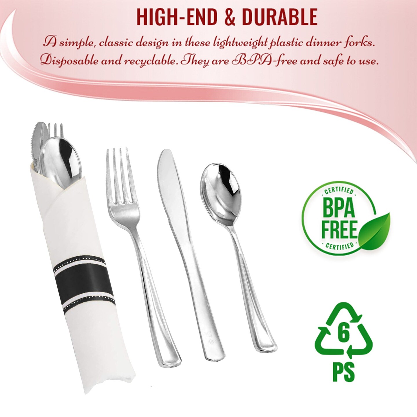 Silver Plastic Cutlery White Napkin Rolls Set - (100 Guests)