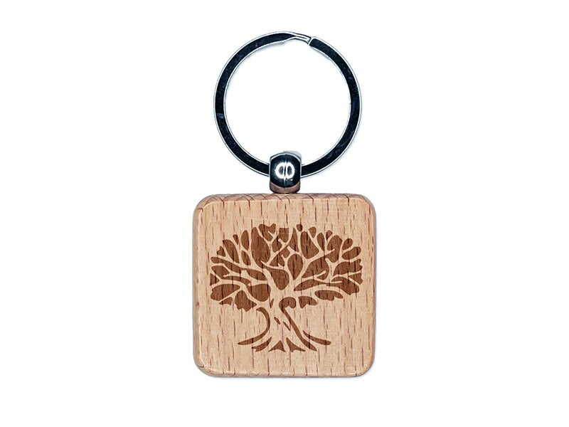 Tree with Exposed Branches and Leaves Engraved Wood Square Keychain Tag Charm