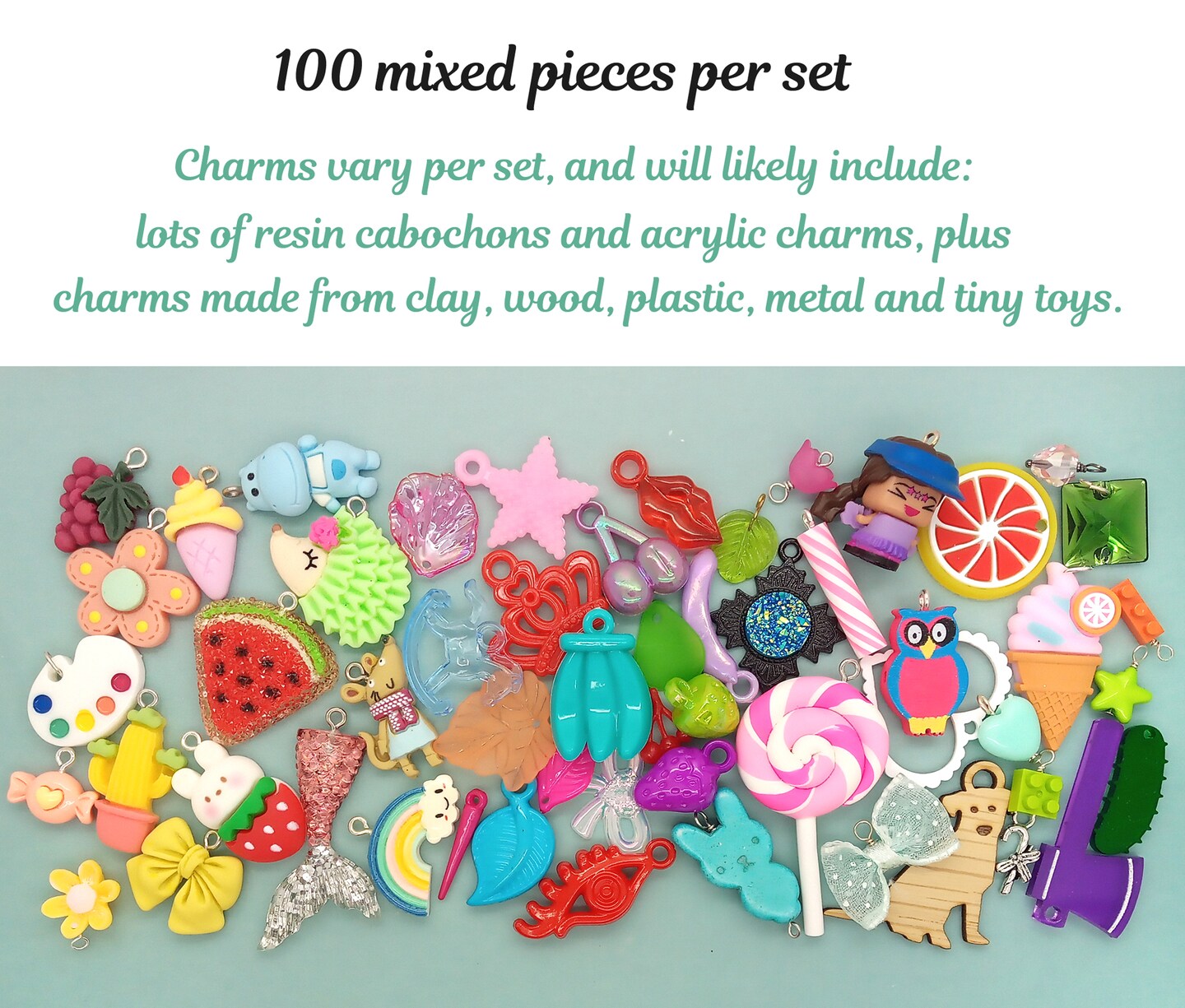 100 Charms Mix, Huge Variety of Assorted Acrylic Resin &#x26; Other Cute Charms, Adorabilities