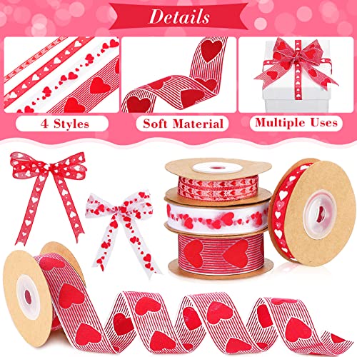 4 Rolls Valentine&#x27;s Day Wired Ribbon Heart Wired Edge Ribbon Printed Heart Ribbon Polyester Wrapping Ribbon for DIY Craft Wrapping Wedding Valentine&#x27;s Day Decoration, 11 Yards, 5.5 Yards