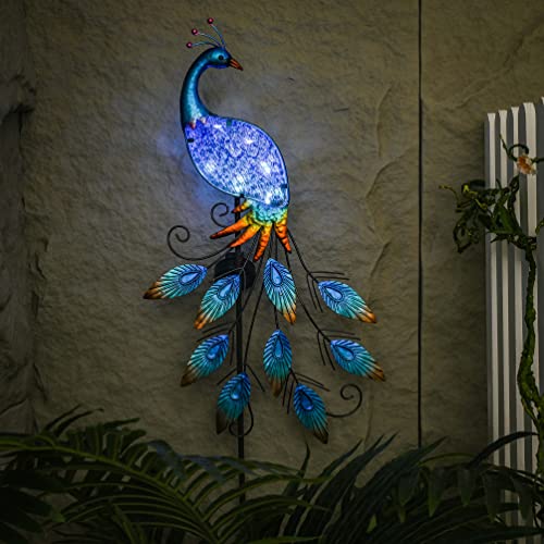 40"Glass Outdoor Decor Peacock Yard Art with Solar Garden Stake Lights, Glass Pathway Lights Lawn Ornaments for Patio, Backyard, Flowerbed, Pond, Outside Home Decorations