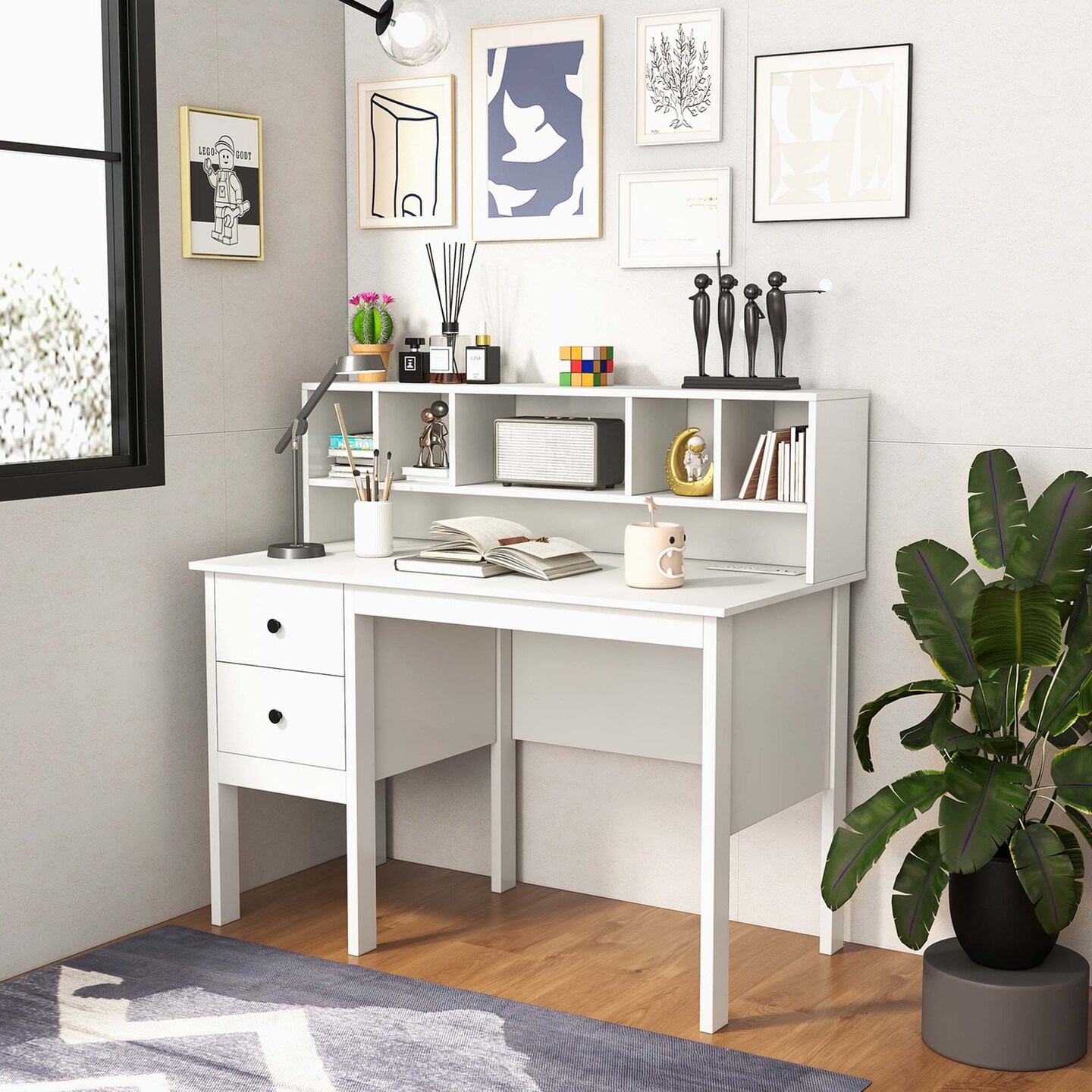 Costway Computer Desk 48" Writing Table w/ Power Outlets 5-Cubby Hutch 2 Storage Drawers