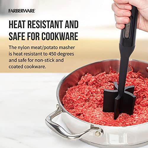 Professional Heat Resistant Nylon Meat and Potato Masher, Safe for Non-Stick Cookware, 10-Inch, Black