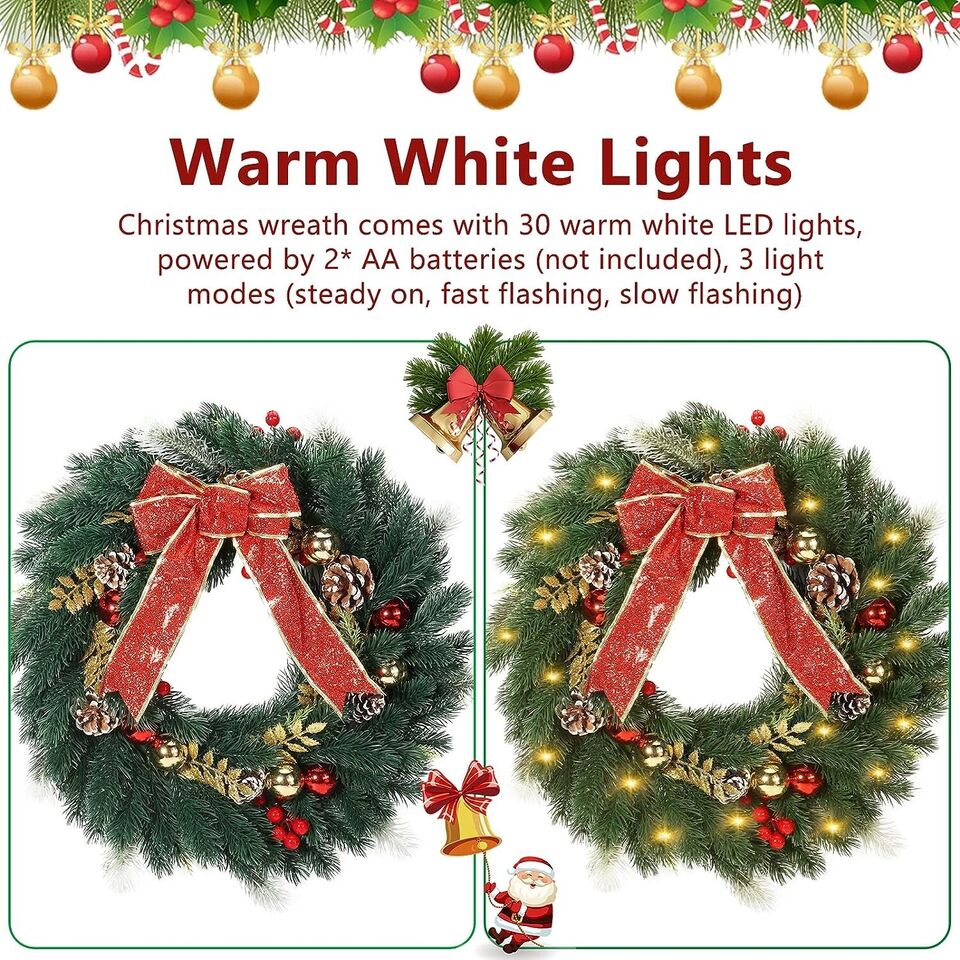 Christmas Wreath Holiday Decor with Battery Powered Lights