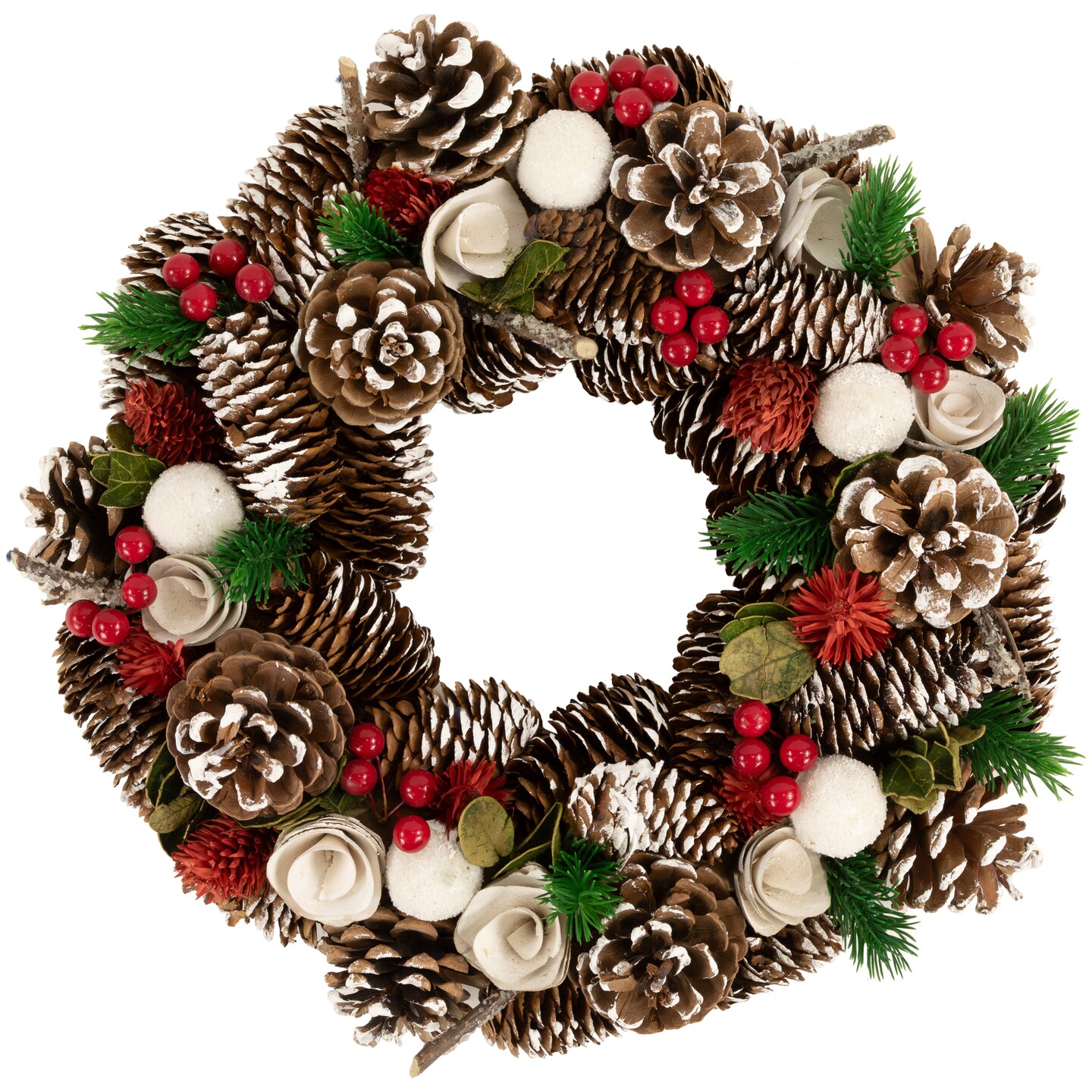 Northlight White Wooden Rose and Pine Cone Artificial Christmas Wreath - 14&#x22; - Unlit