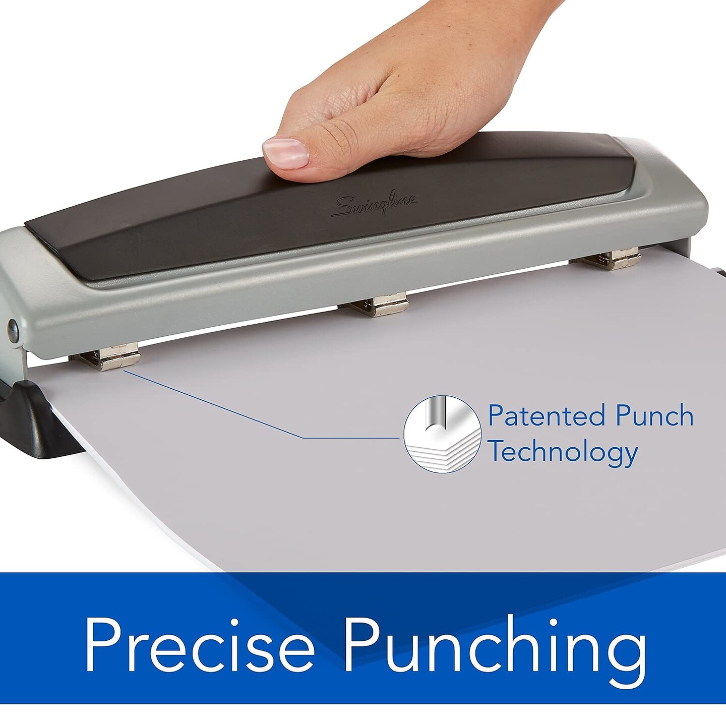 3 Hole Punch, 2- 3 Hole Adjustable Desktop Puncher, 10 Sheet Punch Capacity, Precision Pro, Black/Silver (74037)