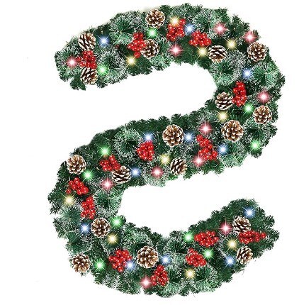Pre-Lit Christmas Garland of 9 Light Modes with Timer, Battery-Operated Garland with Natural Decoration for Outdoors and Indoors, 9 Ft by 10 Inch Christmas Garland with 100 LED Lights,