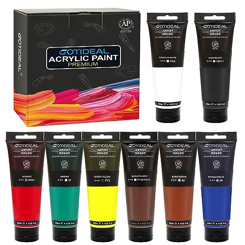 GOTIDEAL Craft Acrylic Paint Set,8 Primary Colors&#xFF08;(120ml,4 oz) Rich Pigments Non-Toxic Washable, Professional Paint for Pouring on Canvas, Rocks, Ceramic, Fabric, Leather, Ideal for Artist, Adults