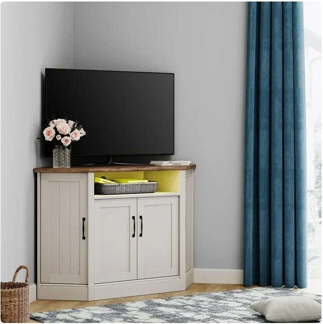 White&#x26;Oak Corner TV Stand with Yellow LED Lights for TVs up to 55 inches