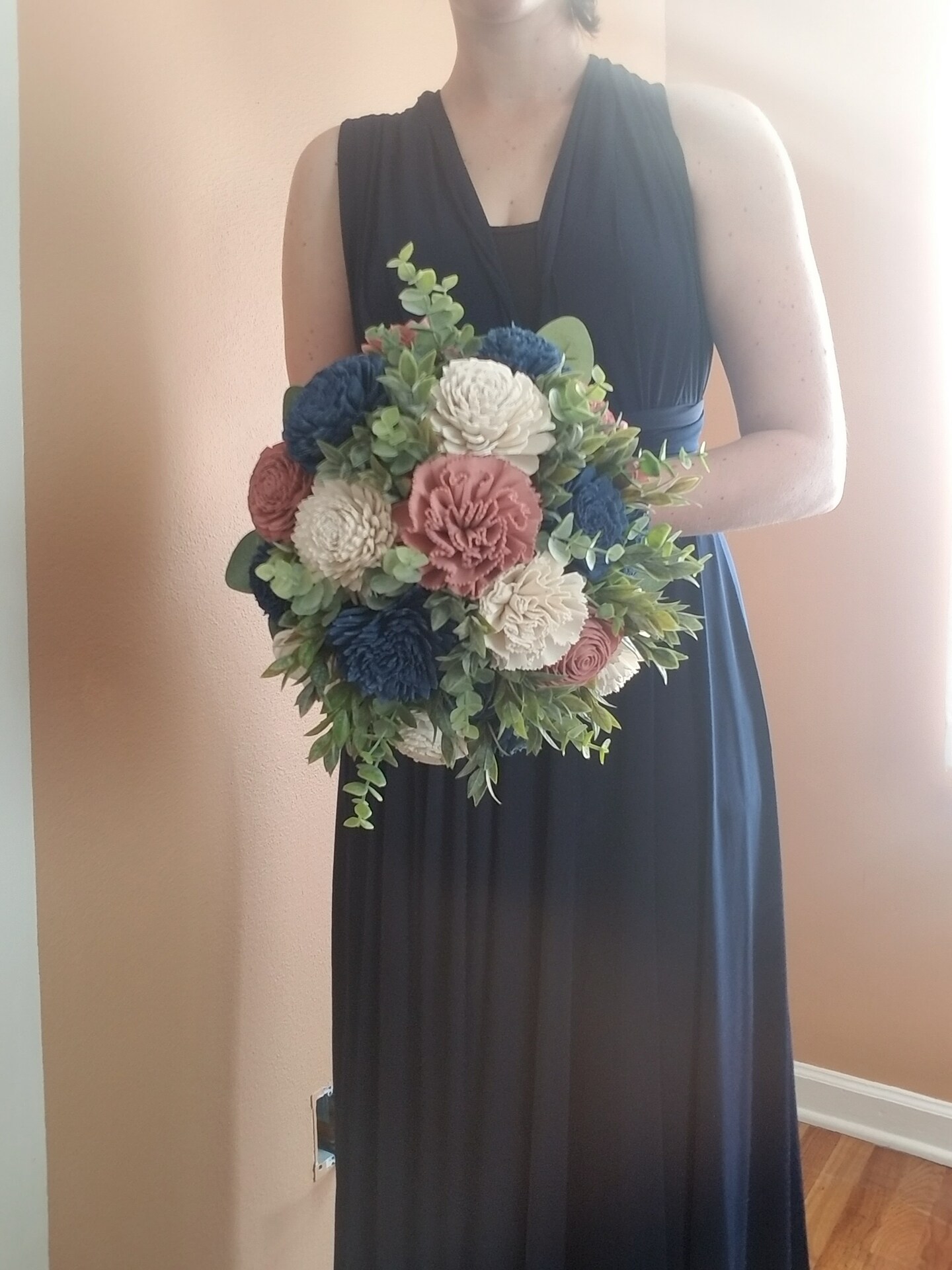 navy blue bridesmaid dresses with pink flowers Navy Blue Tea Length Bridesmaid Dress – FancyVestido main image 1