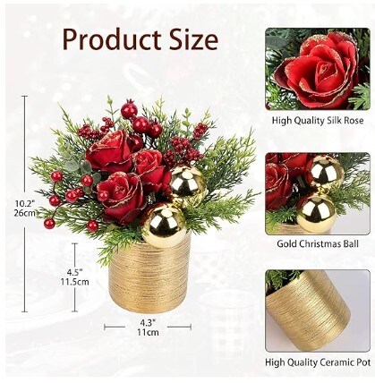 Artificial Potted Christmas Tree with Ball Ornaments, Mini Christmas Tree Tabletop Roses and Berries Small Floral Arrangements for Christmas in a Gold Pot Xmas Centerpieces for Tables Desk Mantle Decor-10.2''