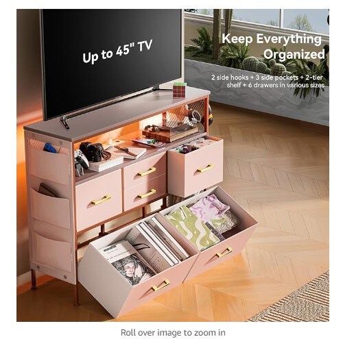 Pink Fabric Chest of Drawers with PU Finish, Six Drawers with Side Pockets and Hooks, Wide Dresser with Shelves for 45&#x22; TV, TV Stand for Bedroom with Power Outlets and LED Lighting