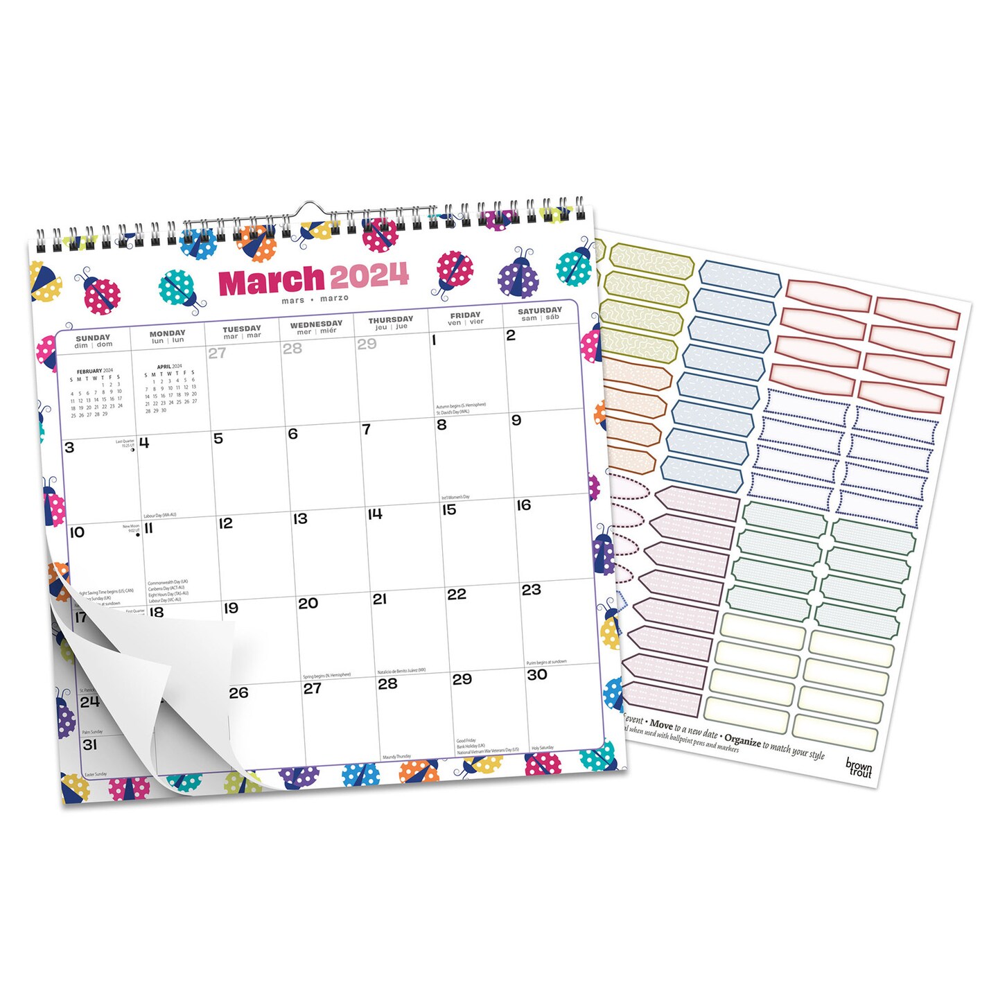 Ladybug Party | 2024 12 x 12 Inch 18 Months Monthly Square Wire-O Calendar | Sticker Sheet | July 2023 - December 2024 | StarGifts | Stationery Planning