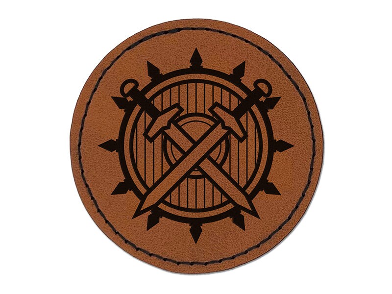 Fighter Warrior Sword and Shield Round Iron-On Engraved Faux Leather Patch Applique - 2.5&#x22;