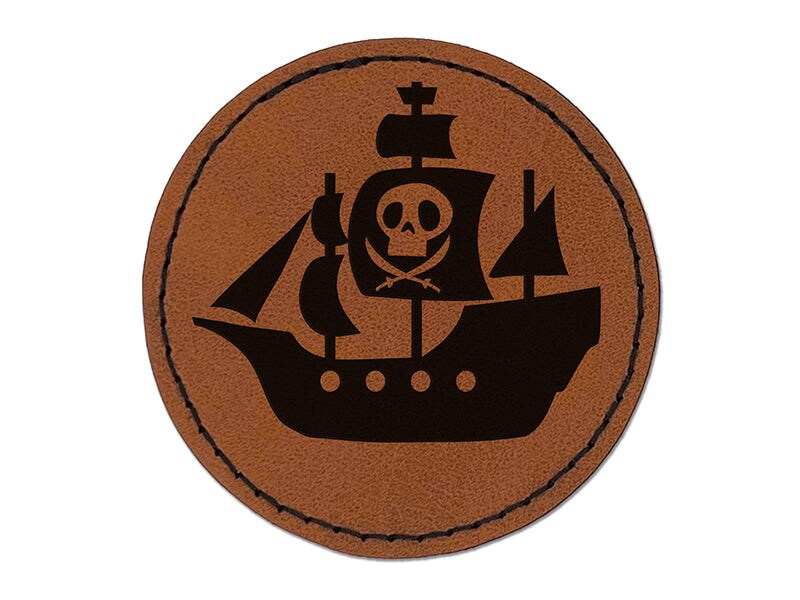 Pirate Ship with Jolly Roger Skull Round Iron-On Engraved Faux Leather Patch Applique - 2.5&#x22;