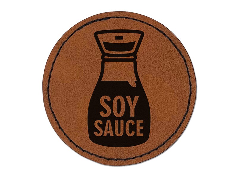 Soy Sauce Bottle Round Iron-On Engraved Faux Leather Patch Applique - 2.5&#x22;