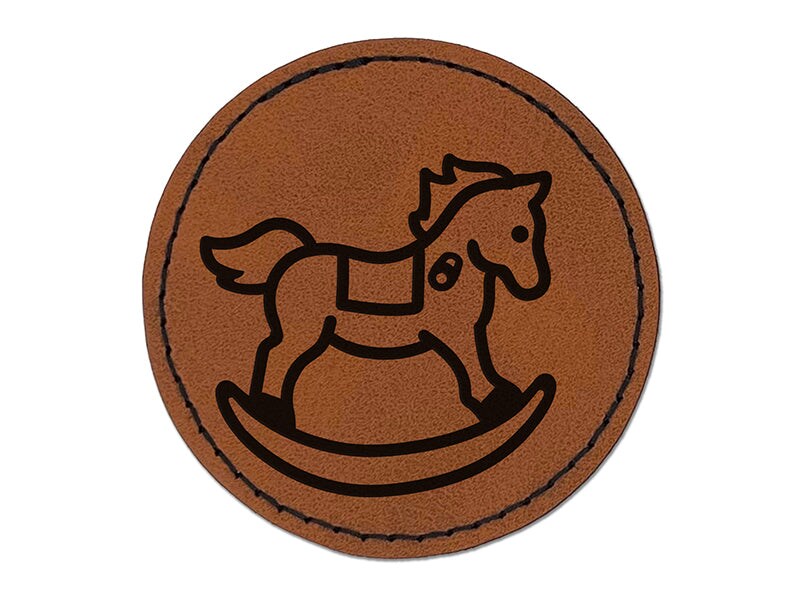 Wooden Rocking Rocker Horse Round Iron-On Engraved Faux Leather Patch Applique - 2.5&#x22;