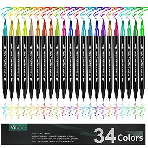 Dual Tip Brush Markers Colored Pen,Fine Point Journal Pens & Colored Brush Markers for Kid Adult Coloring Drawing Planner Calendar Art Projects(34 Colors Pen)