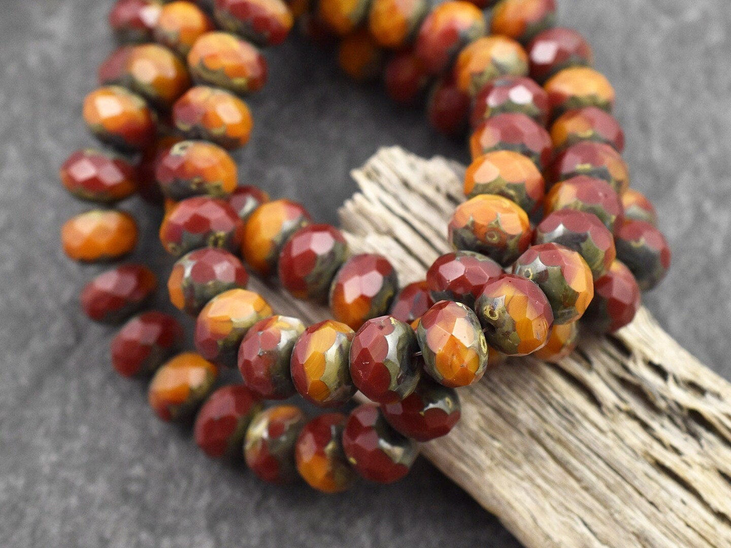 *25* 6x8mm Blended Red &#x26; Orange Opaline Picasso Fire Polished Rondelle Beads