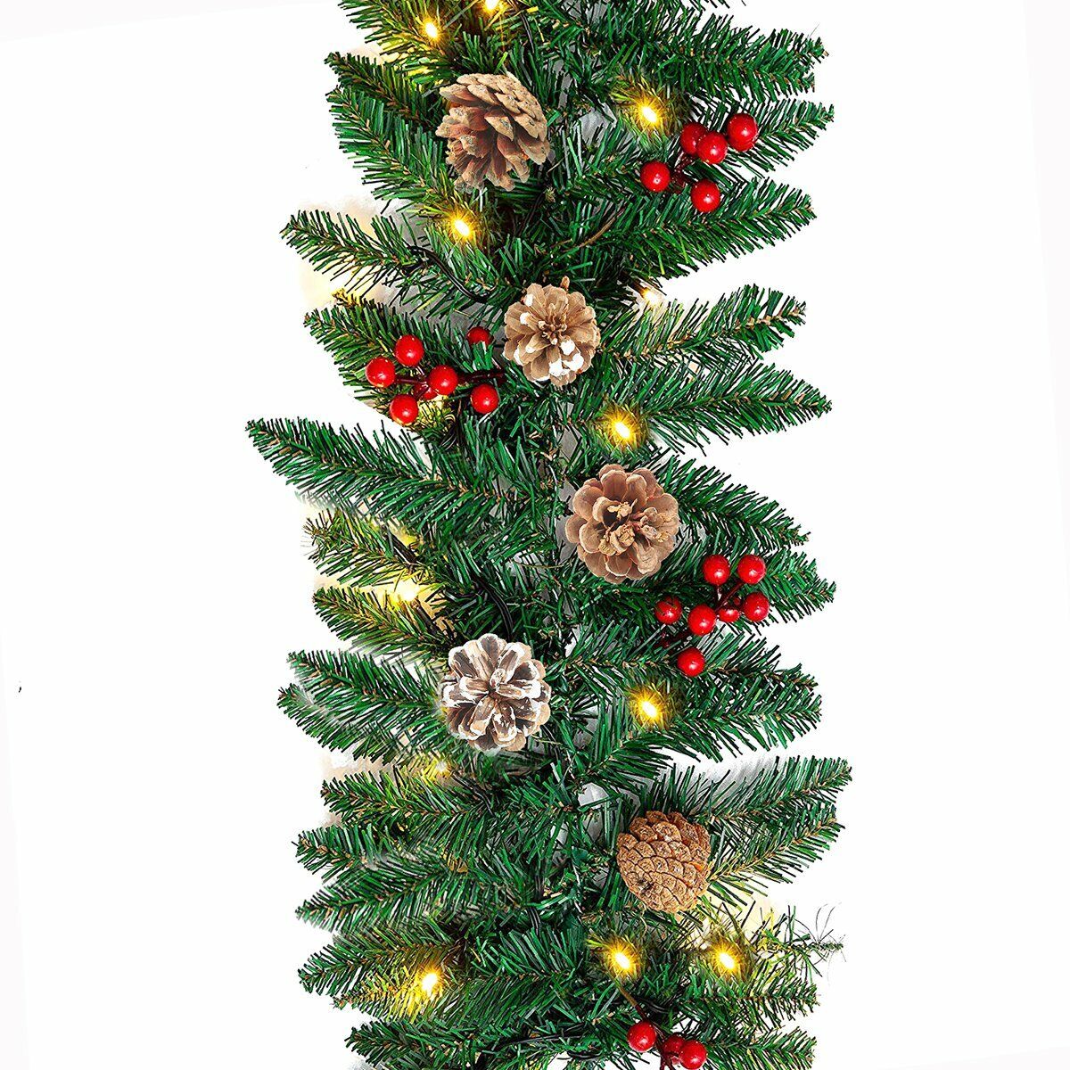 10FT Christmas Garland With Red Berries Pine Cones and 50 LED Lights