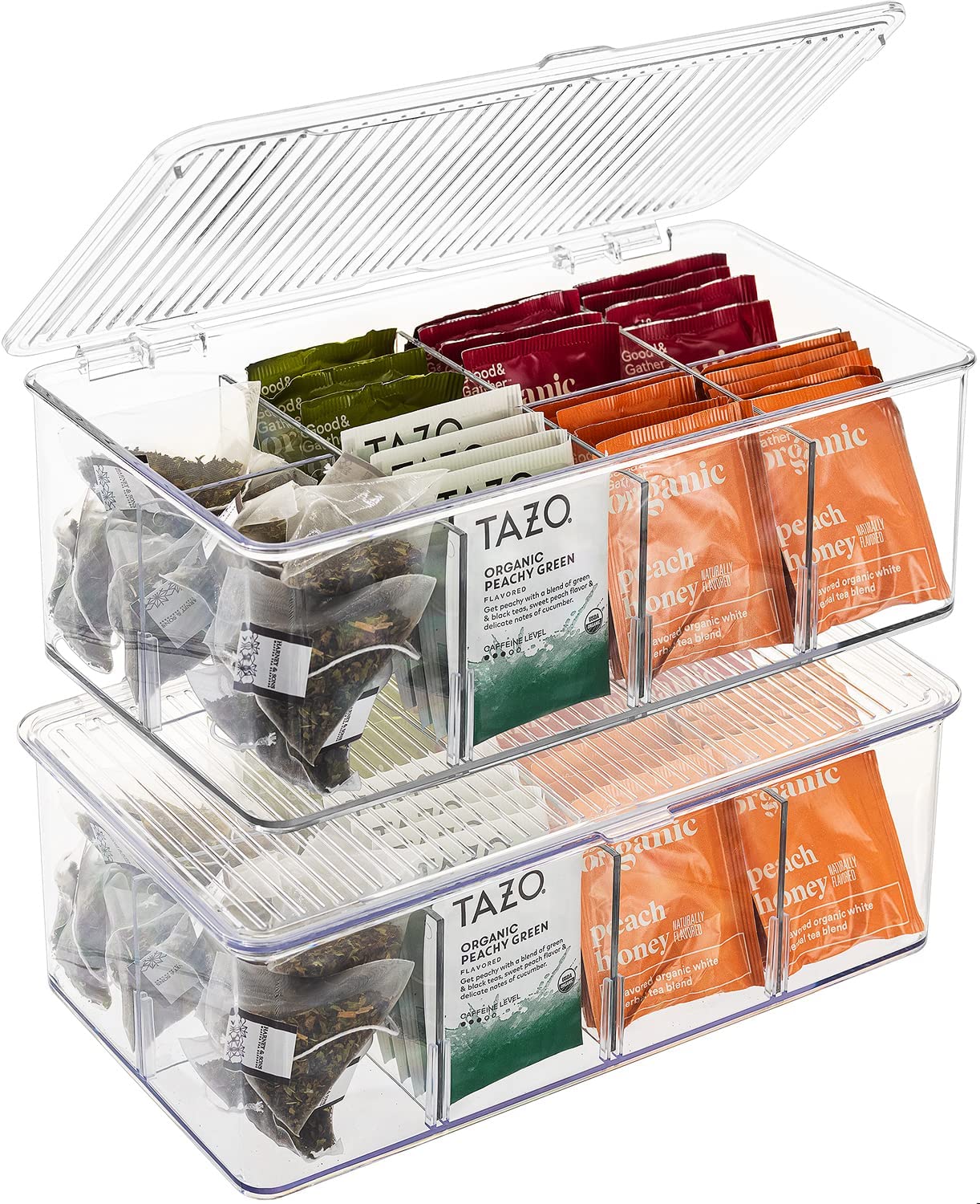 Sorbus 2 Pack Tea Bag Organizer Bins with Lids & 4 Removable Dividers