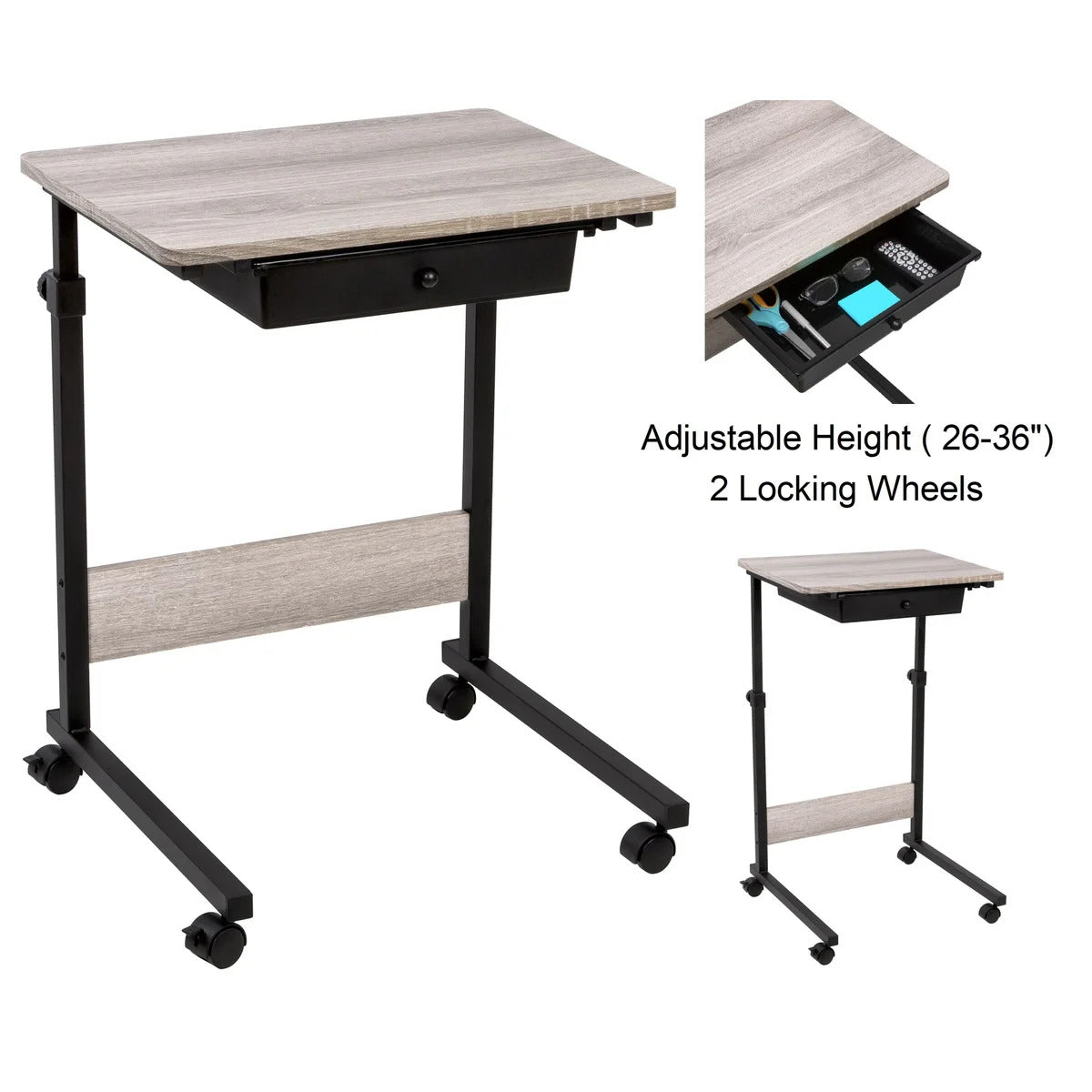 Adjustable C-Shaped Side Table with Wheels and Drawer (Home Craft Use)