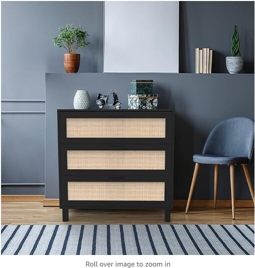 Durable Modern Luxury Furniture Decorative 3-Drawer Dresser, Oxford Rattan Chest of Drawers End Cabinets Storage Corner Bedside Table for Bedroom, Living Room, and Entryway (Black)
