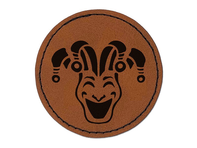 Jester Clown Joker Face Mardi Gras Round Iron-On Engraved Faux Leather Patch Applique - 2.5"