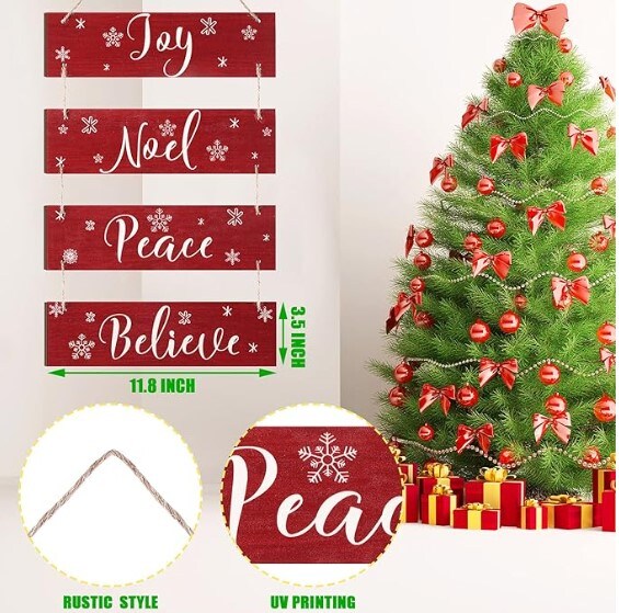 4 Handmade Rustic Christmas Decorations Christmas Vintage Joy Noel Peace Believe Signs Ornaments Wooden Wall Decor Snowflakes Wooden Hanging Plaque (Red, Snowflake) for Living Room Bedroom