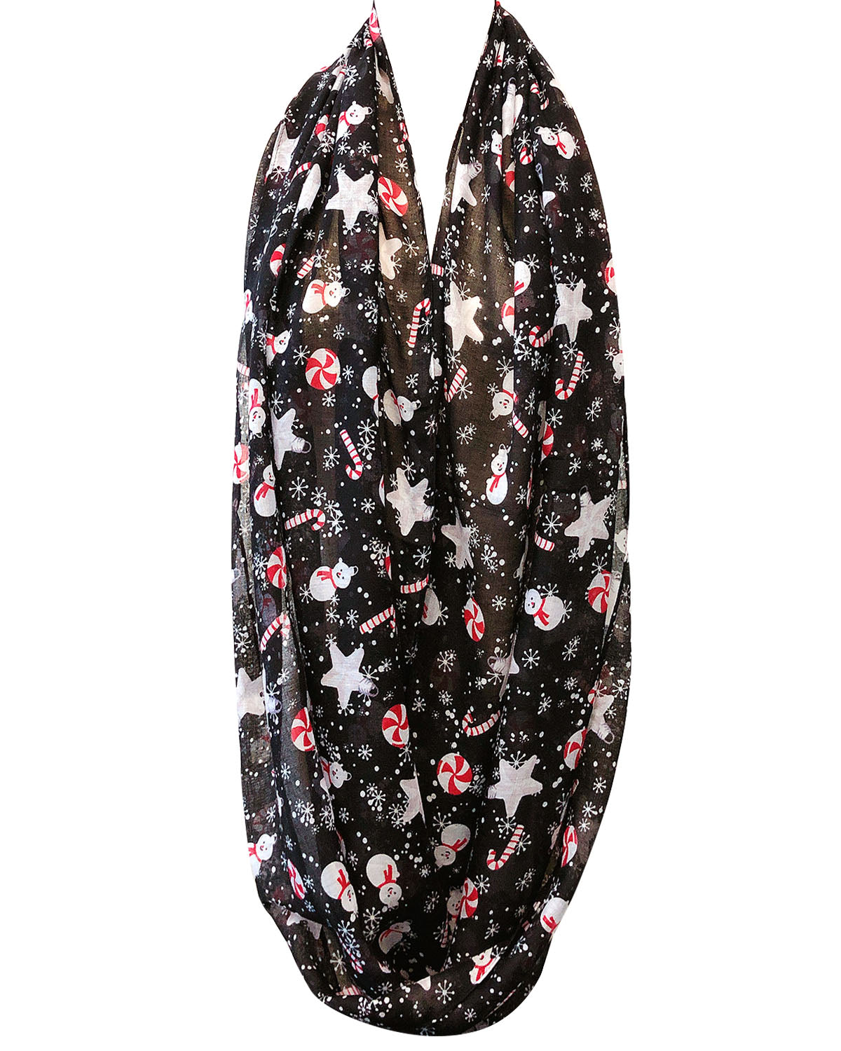 Wrapables Lightweight Winter Holiday Infinity Scarf, Snowman &#x26; Snowflakes Black