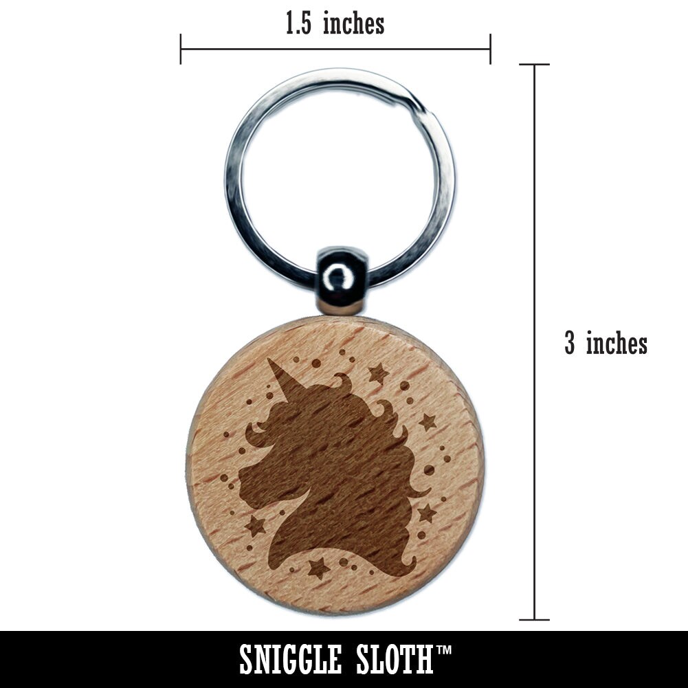 Unicorn Head and Stars Engraved Wood Round Keychain Tag Charm