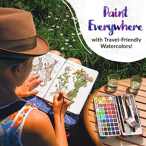 Watercolor Paint Set - 50 Travel Watercolors Set - Water Colors Paint for Adult, Kids, Beginners, Professional Artists | Watercolor Palette with Paper, Brush, Pen | Art Supplies for Adults