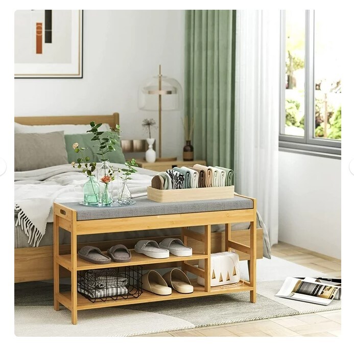 Bamboo Shoe Bench, Natural (up to 7 Shoes), 2 Tiers Shoe Rack with Storage and Padded Seat for Entryway, Bathroom