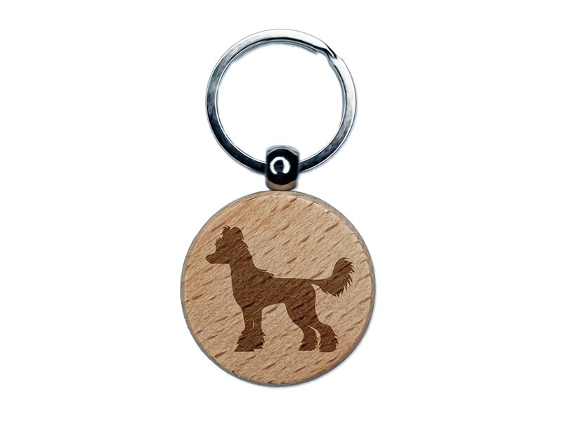 Chinese Crested Dog Solid Engraved Wood Round Keychain Tag Charm