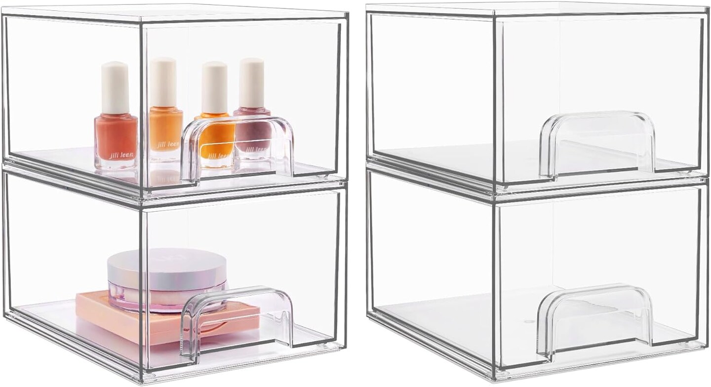 4 Pack Stackable Makeup Organizer Storage Drawers, Acrylic Bathroom Organizers,Clear Plastic Storage Bins For Vanity, Undersink, Kitchen Cabinets, Pantry, Home Organization and Storage