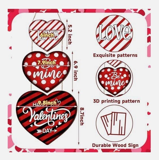 3 Pcs Hanging Valentine's Day Wooden Door Heart Porch Sign Decor