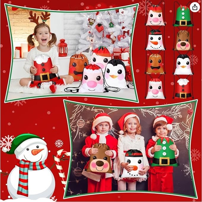 12 x 10 Inch Waterproof Gingerbread Man Santa Elk for Kids Gift Party 24 Pcs Christmas Drawstring Bag Bulk