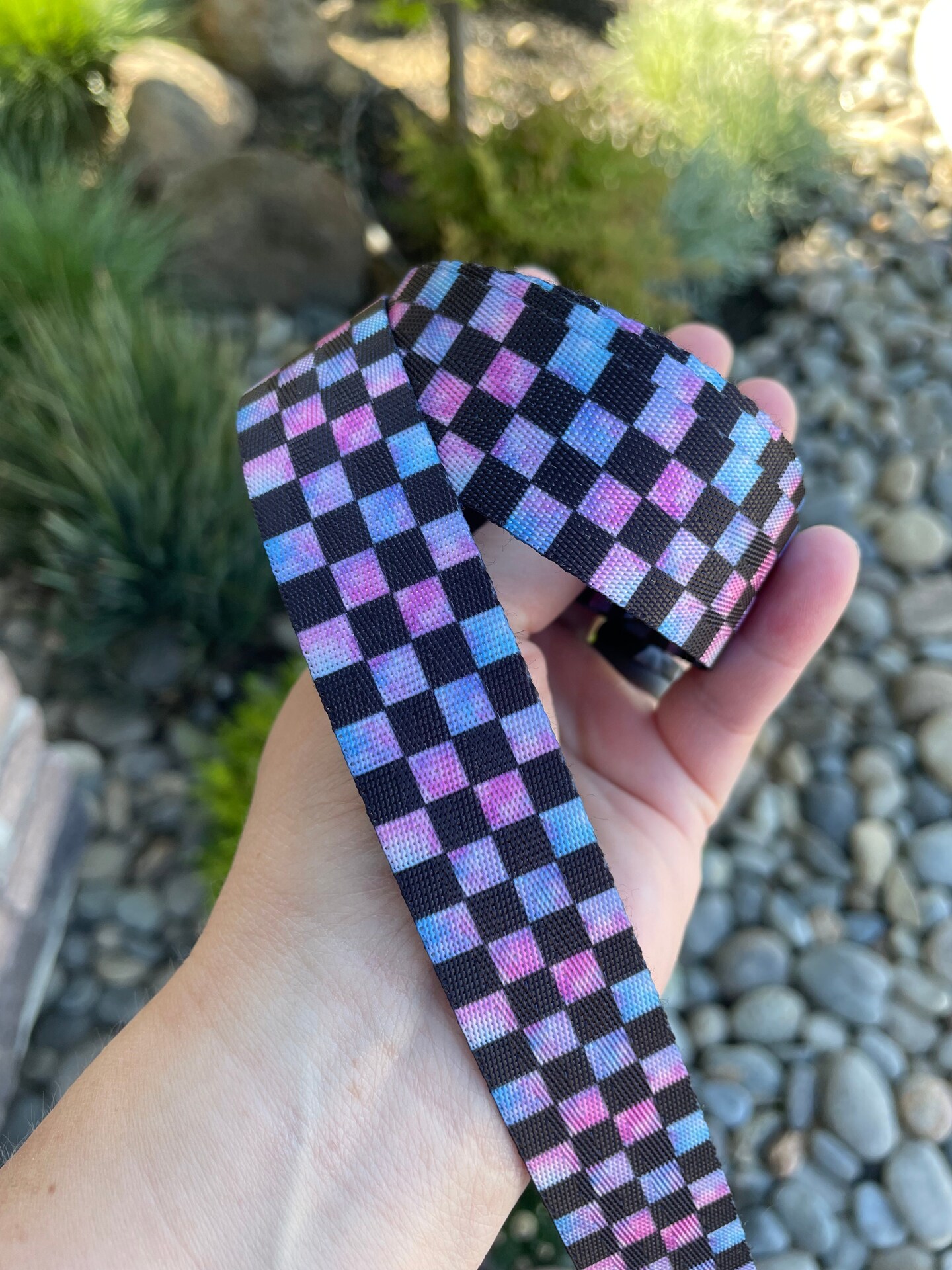 Blue/Pink Tie Dye Check 1&#x201D; Seatbelt Webbing (by the yard)