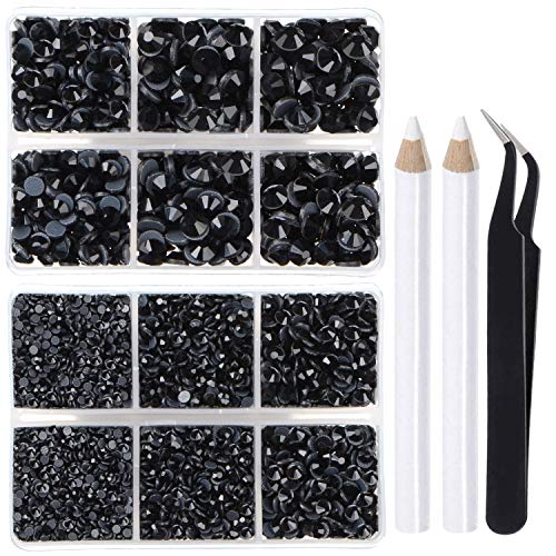 6400 Pieces Hotfix Rhinestones Black Flat Back 5 Mixed Sizes Crystal Round Glass Gems with Tweezers and Picking Rhinestones Pen
