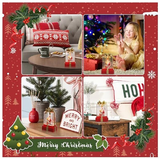 Battery-Operated Christmas Decorations, Christmas Snow Globe Lighted Water Lantern Decorative Gift Box with Swirling Glitter and Santa Claus
