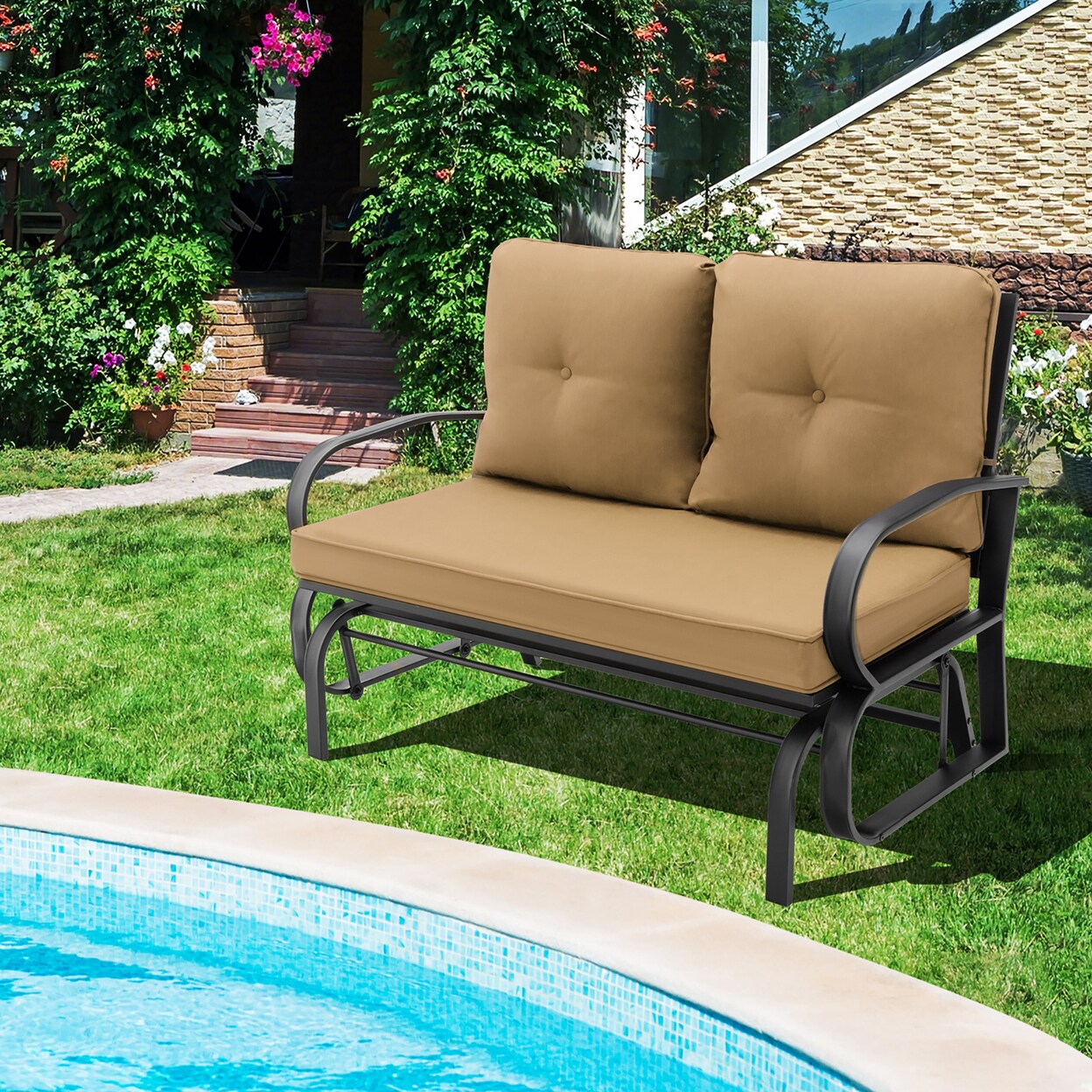 Gymax 2-Person Outdoor Patio Glider Bench Swing Seat Bench w/ Seat and Back Cushions