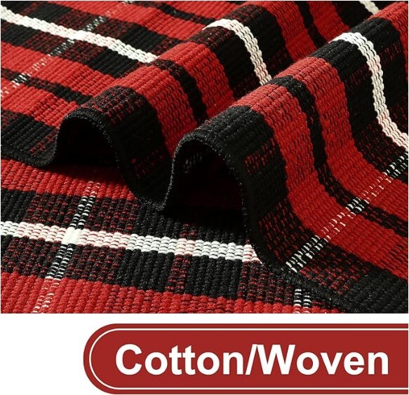 Outdoor Christmas Door Mat 24&#x22;X51&#x22;,Red/Black Buffalo Plaid Rug,Washable Cotton Hand-Woven Layered Door Mats,Reversible Outdoor Christmas Decoration for Front Porch,Entryway,Kitchen