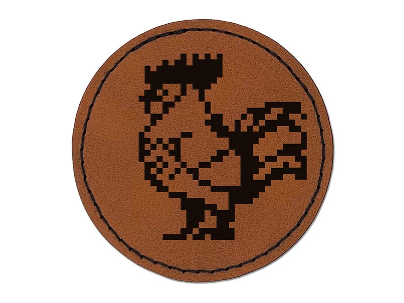 Pixel Rooster Chicken Round Iron-On Engraved Faux Leather Patch Applique - 2.5&#x22;
