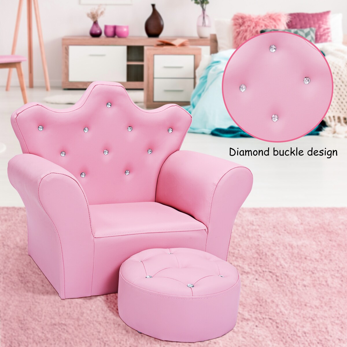 Costway Pink Kids Sofa Armrest Chair Couch Children Toddler Birthday Gift w/ Ottoman