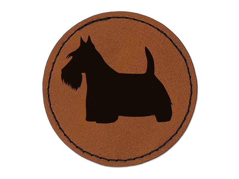 Scottish Terrier Scottie Dog Solid Round Iron-On Engraved Faux Leather Patch Applique - 2.5&#x22;