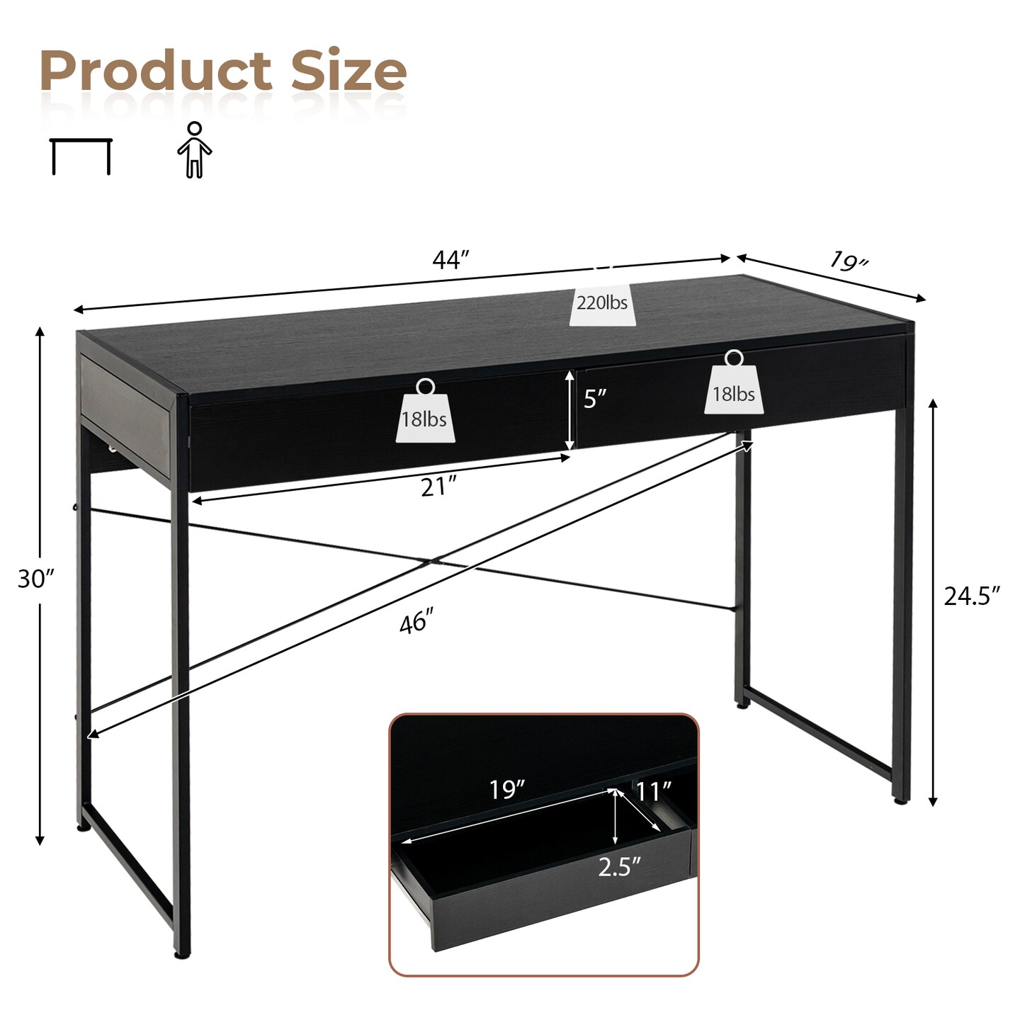 44 Inch Home Office Desk with 2 Separate Drawers and Steel Frame