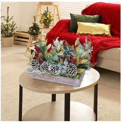 DIY Winter Arrangement Artificial Snowy Christmas Floral Picks Bulk Christmas Centrepiece Rustic Farmhouse Holiday Table D&#xE9;cor Assorted Red Berry Cedar Pine Cone Picks in Rectangle Wooden Box